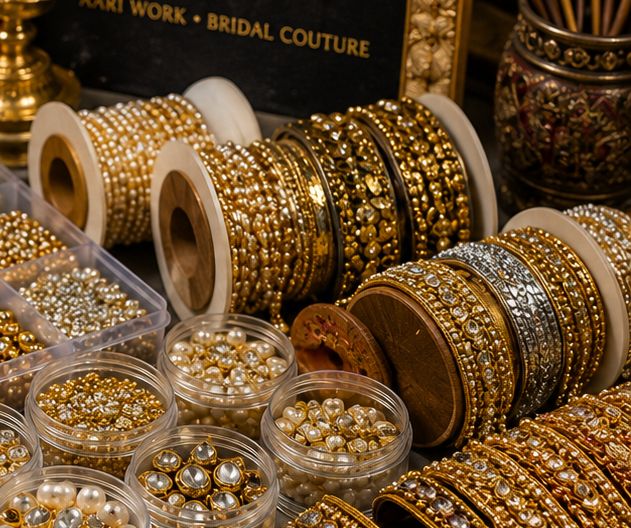Metallic zari thread and gold-tone trim