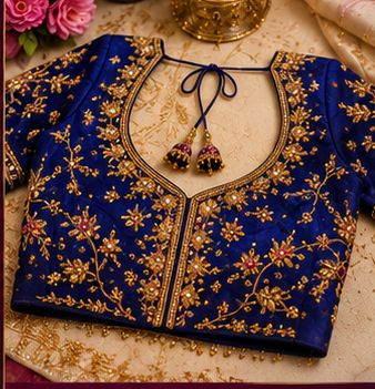 Navy blue contemporary fusion blouse with floral Aari work