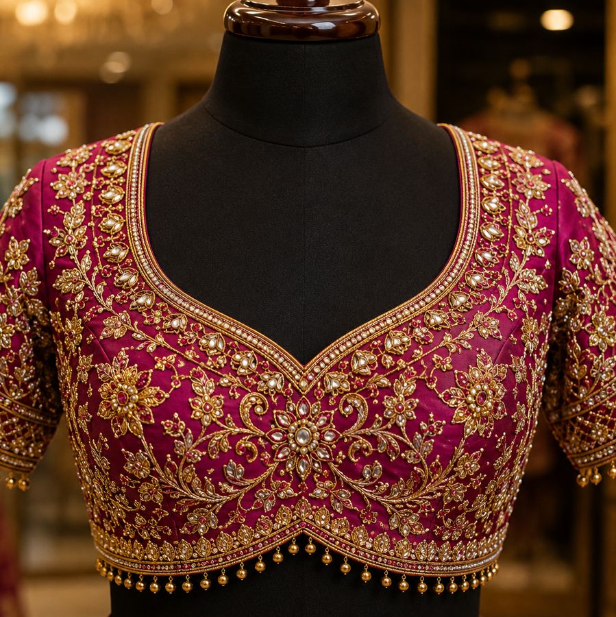 Hand-embroidered Aari work bridal blouse by Tailors Studio Madikeri